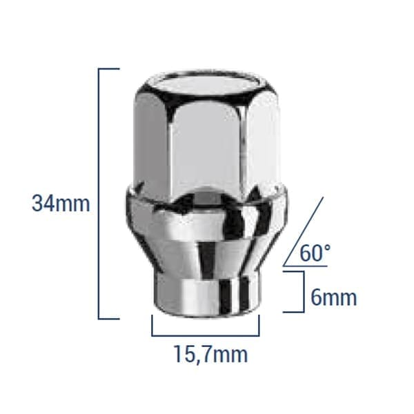 Bimecc Mutter Hülsiga M12x1.25 34mm - võti 19 - 60° koonus - Silver (KINNINE)
